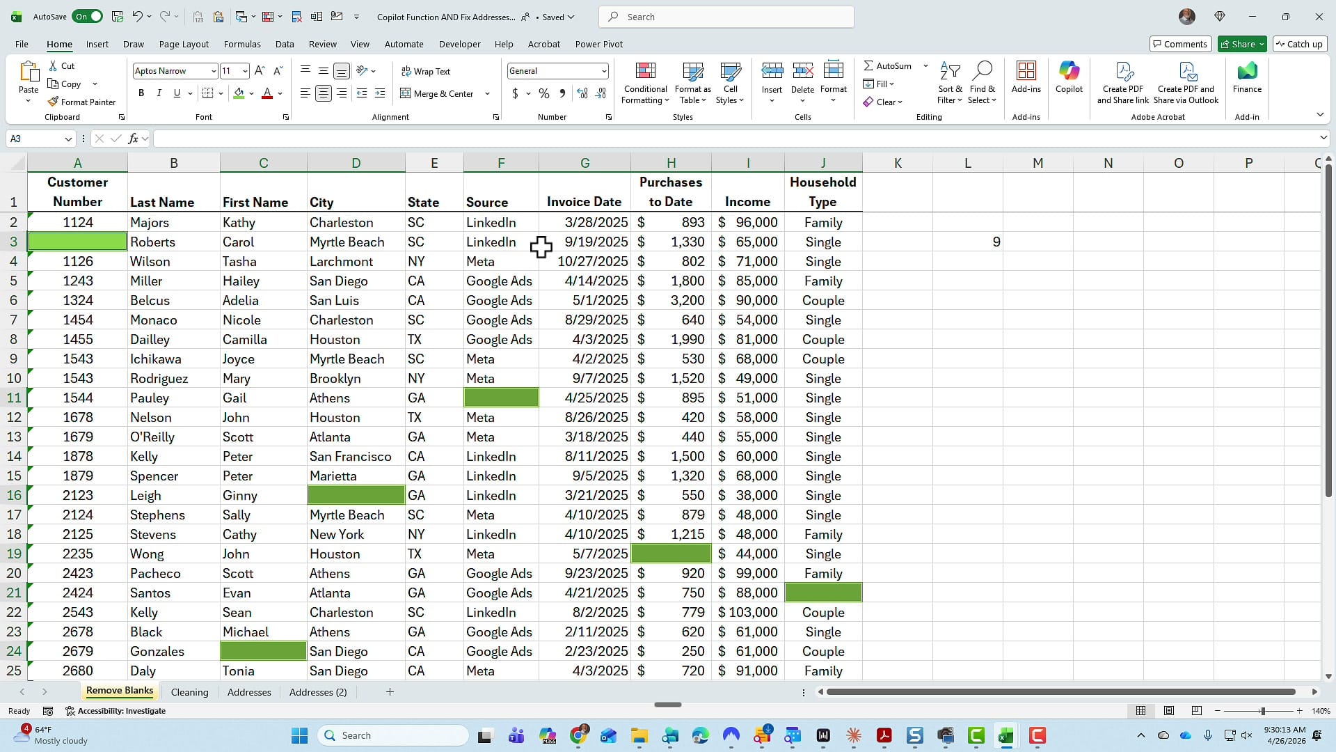 Excel data range with all nine blank cells highlighted in green to make them visible