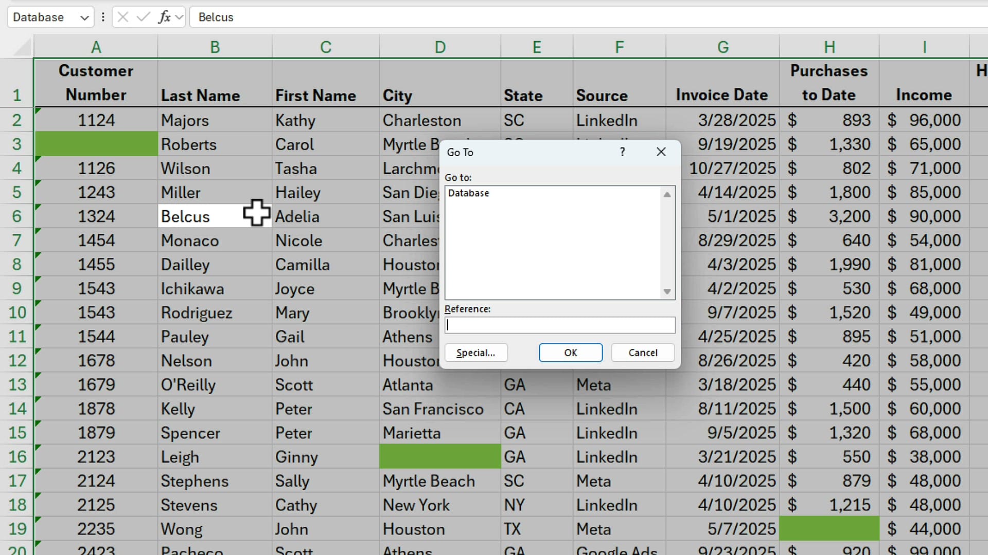 Excel Go To dialog box opened with Ctrl+G showing the Special button at the bottom-left