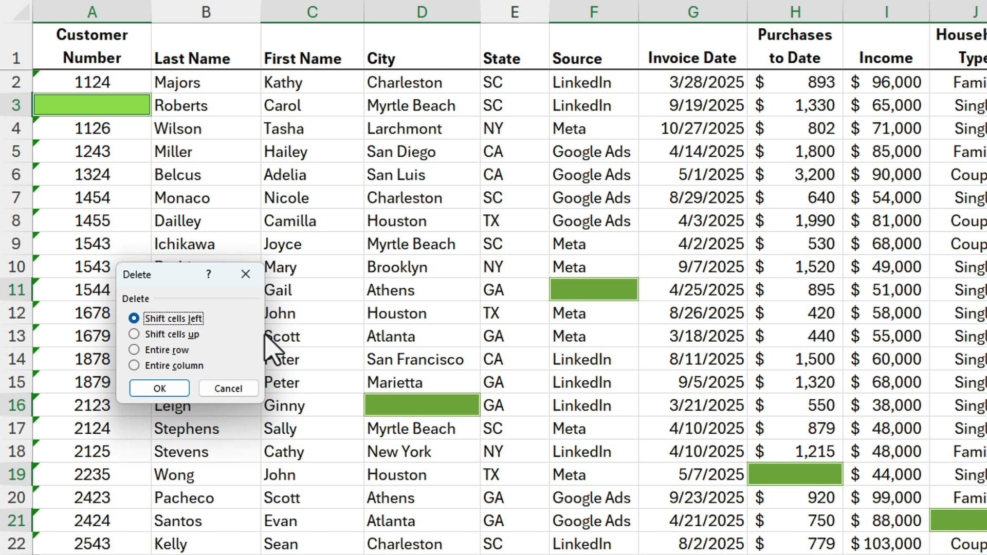 Excel Delete dialog box with Entire row option selected