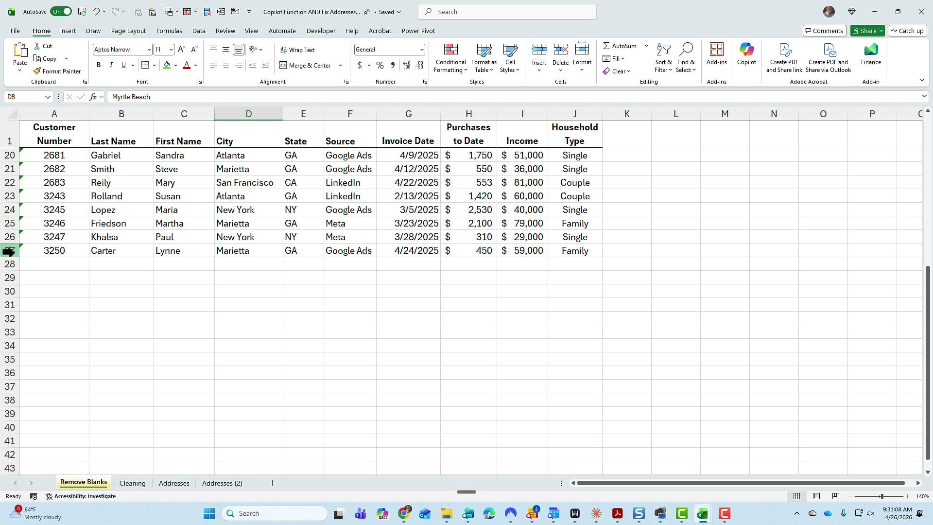 Excel worksheet after deleting all rows that contained blanks, leaving 27 clean records