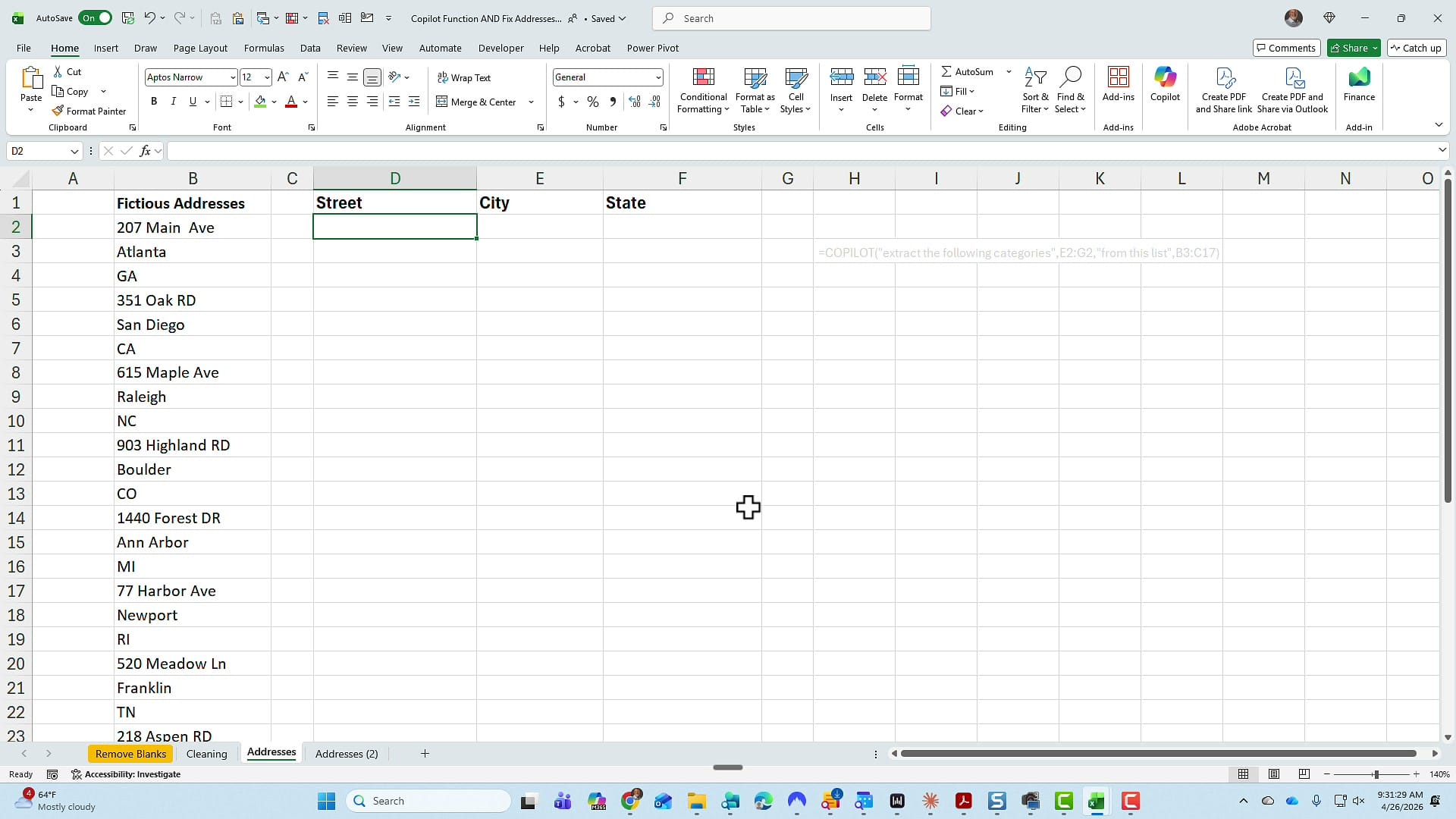 Excel worksheet with addresses stacked vertically in column B and empty Street, City, State columns at D, E, and F