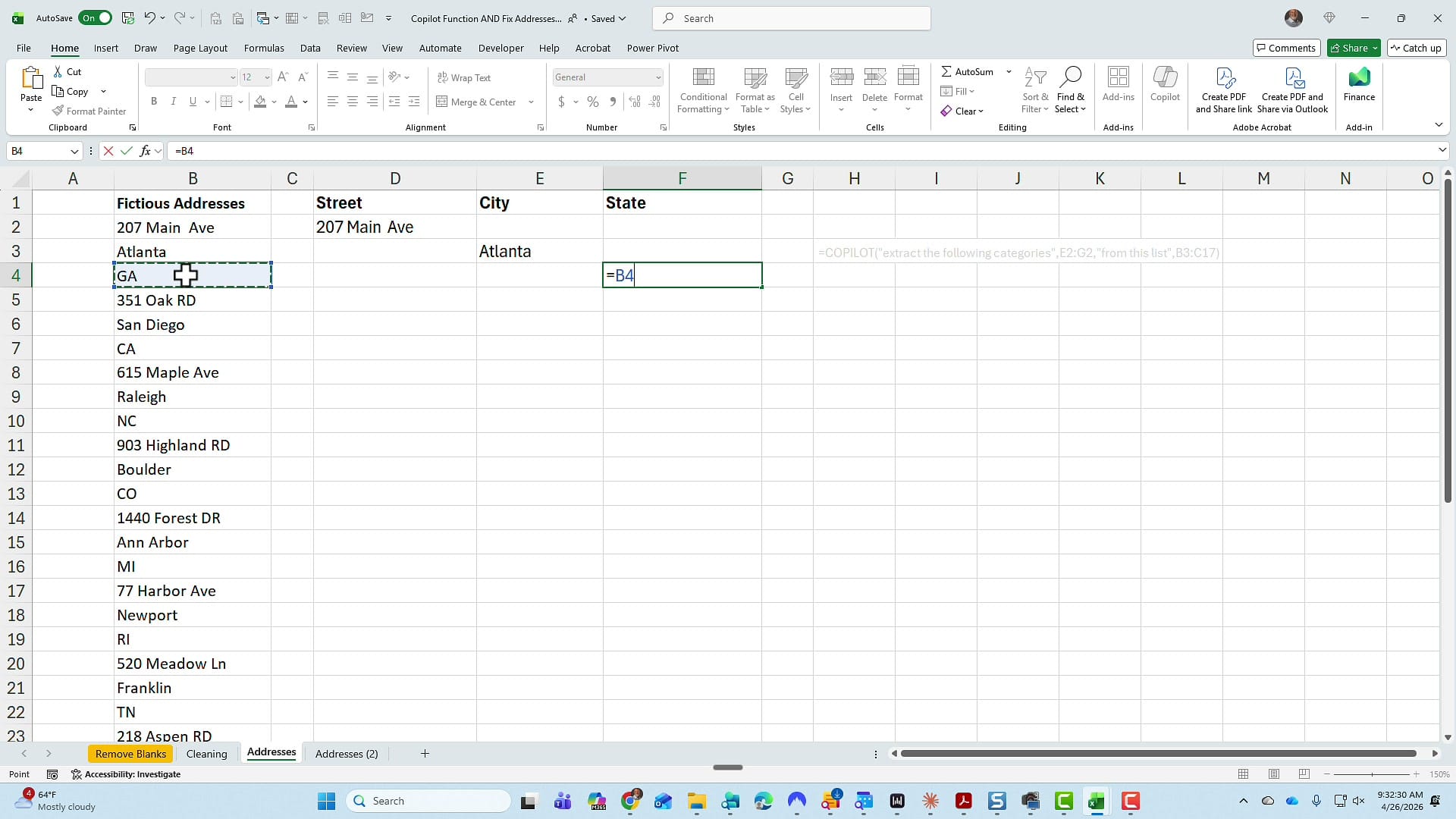 Excel cell F2 showing the formula equals B4 for the state, building a 3D reference to pull addresses horizontally