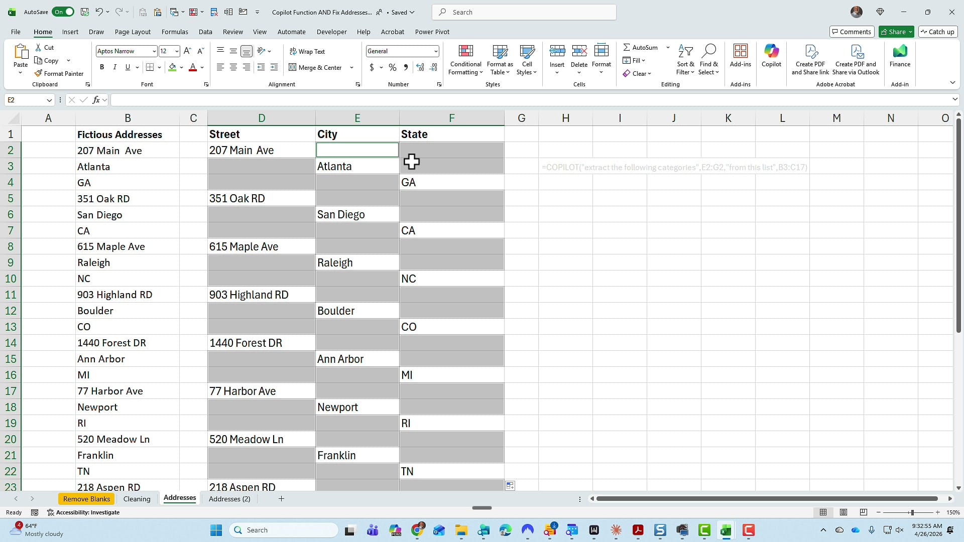 Excel showing the autofilled 3D reference with all the in-between blank cells selected and highlighted