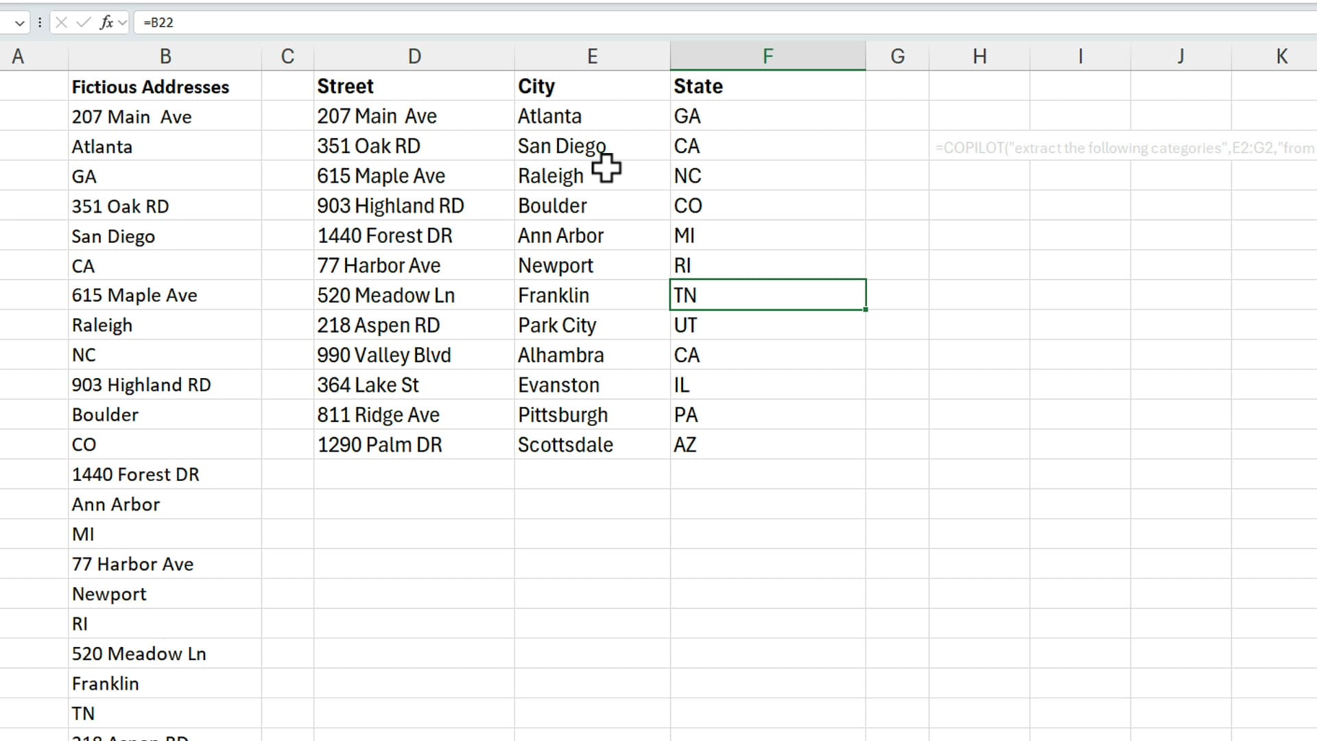 Excel worksheet showing addresses now arranged horizontally in Street, City, and State columns after the shift cells up operation