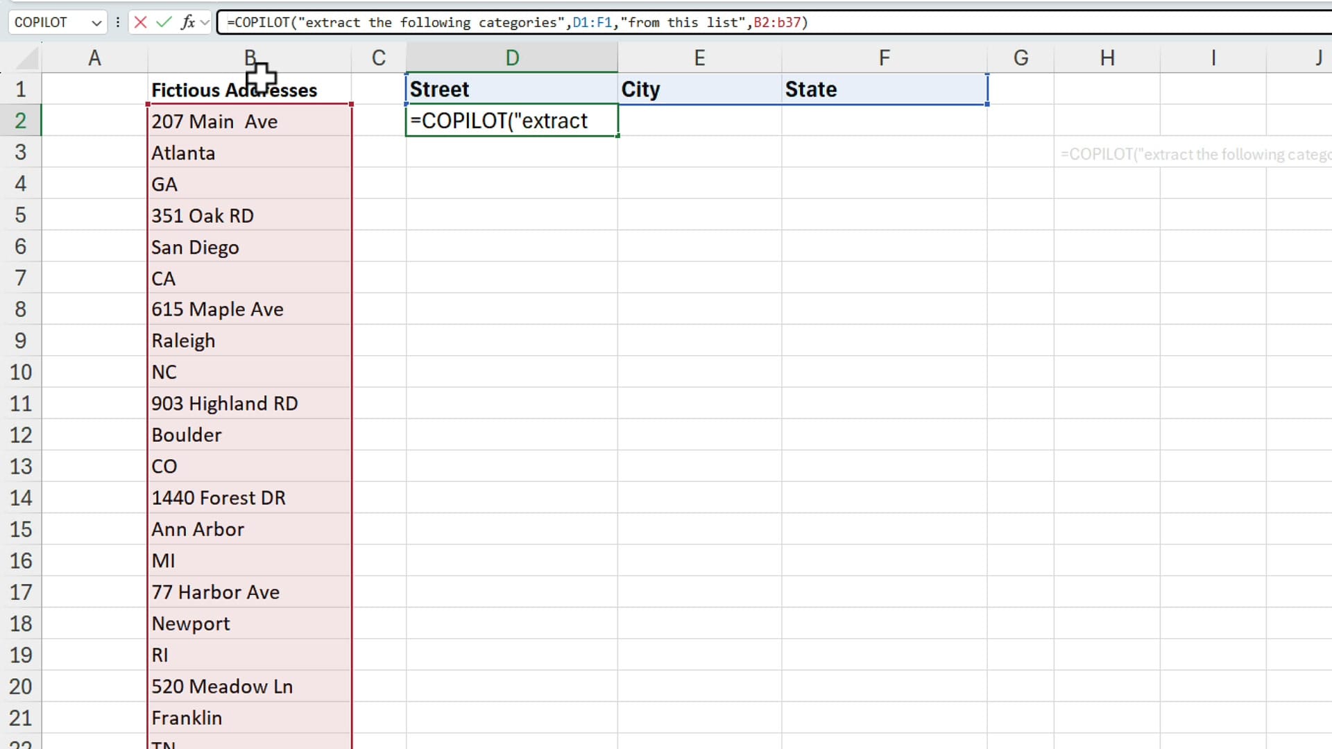 Excel formula bar showing the COPILOT function syntax extracting categories from a list of addresses