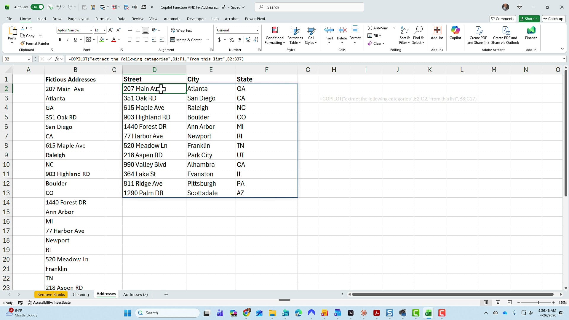 Excel worksheet with addresses fully extracted into Street, City, and State columns by the COPILOT function