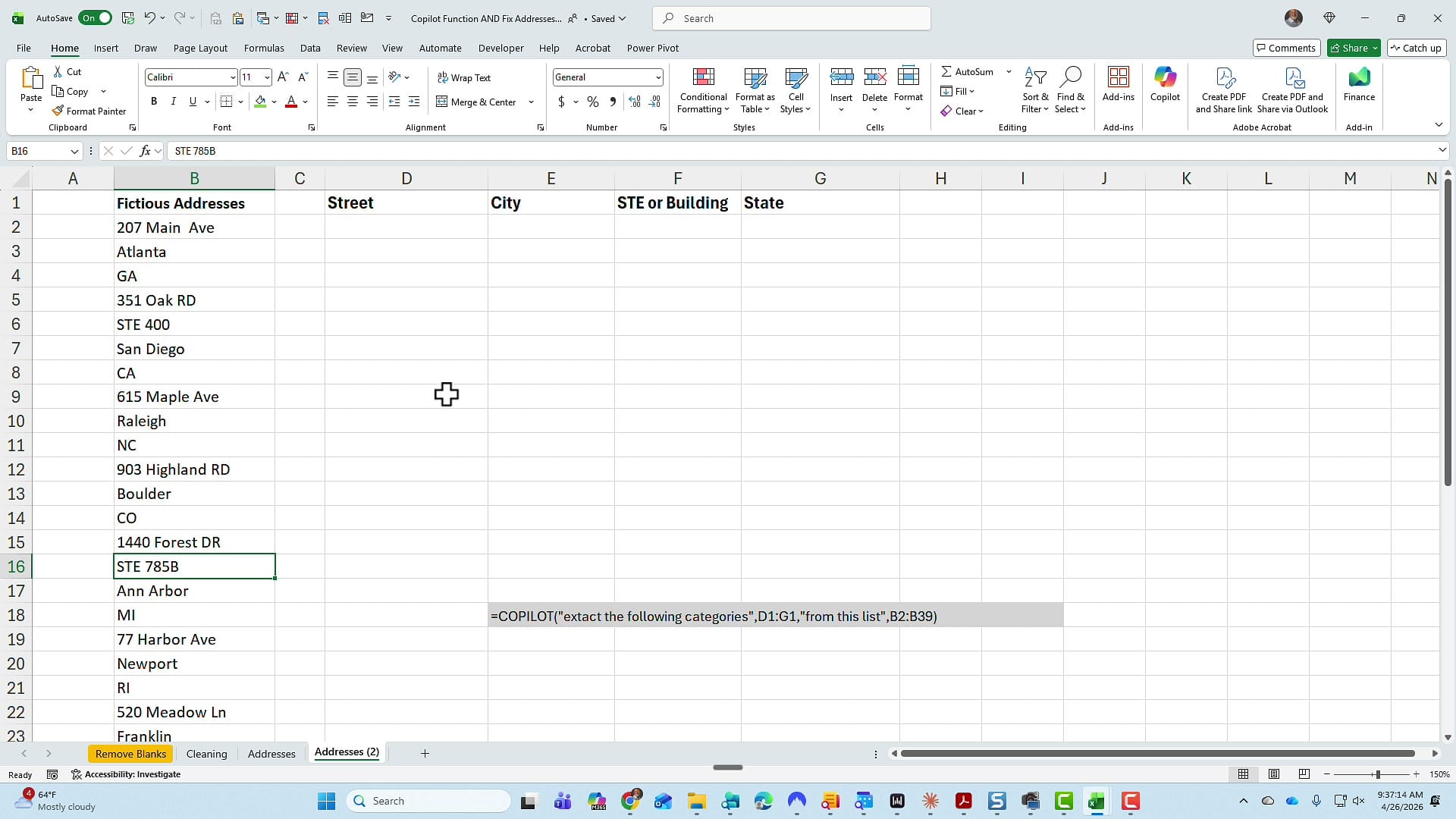 Excel worksheet with inconsistent address data including suite numbers like STE 400 and STE 785B mixed in
