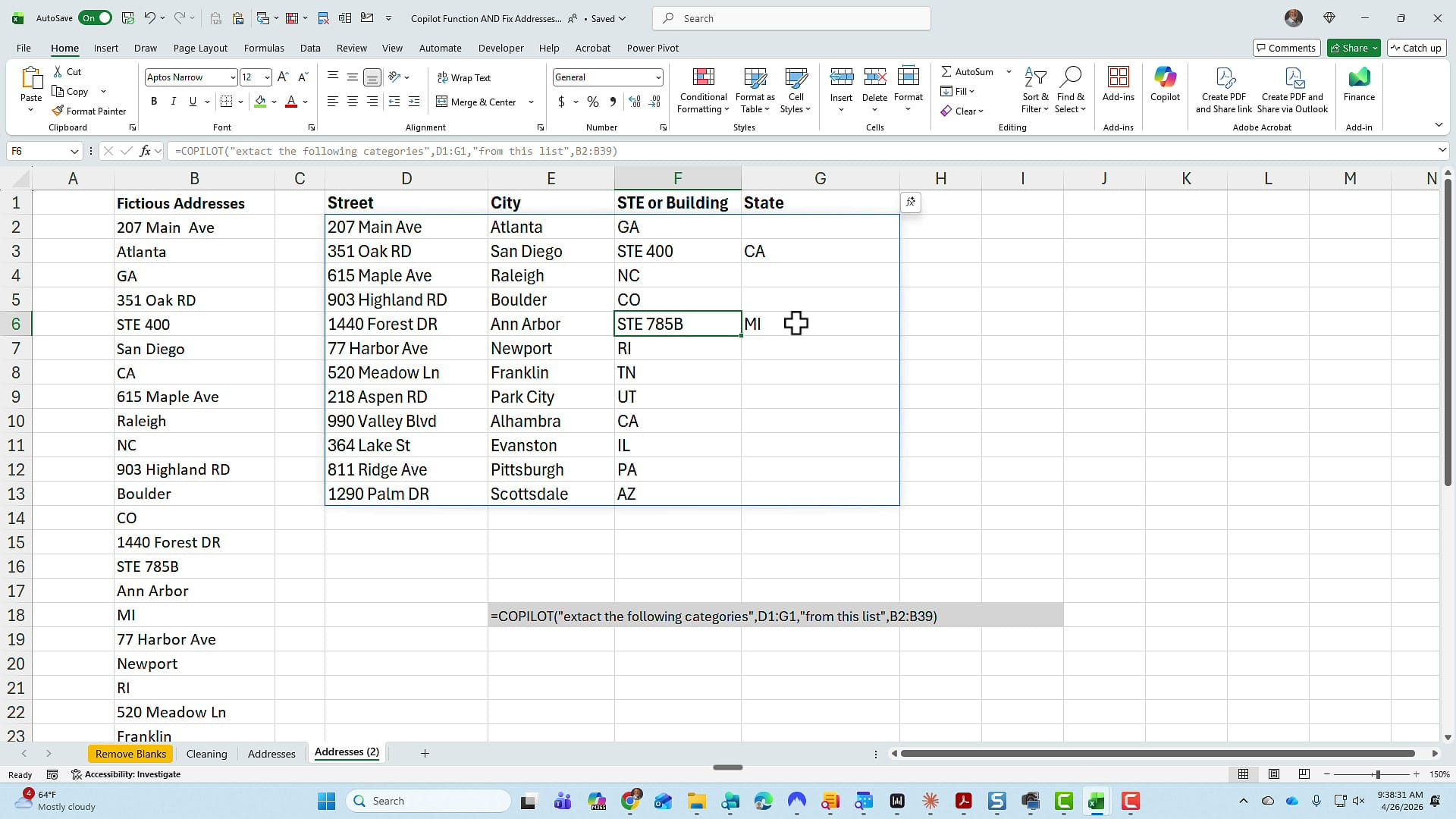 Excel COPILOT function correctly extracting addresses with mixed suite numbers into separate Street, City, STE or Building, and State columns