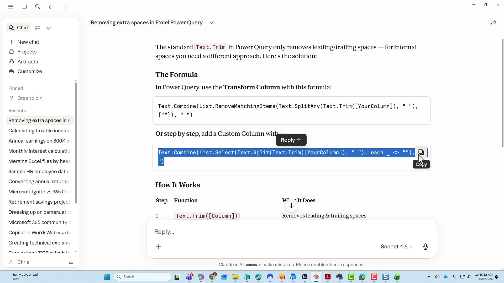 Claude AI conversation showing the Power Query formula Text.Combine with List.Select and Text.Split for removing extra spaces, with a Copy button highlighted