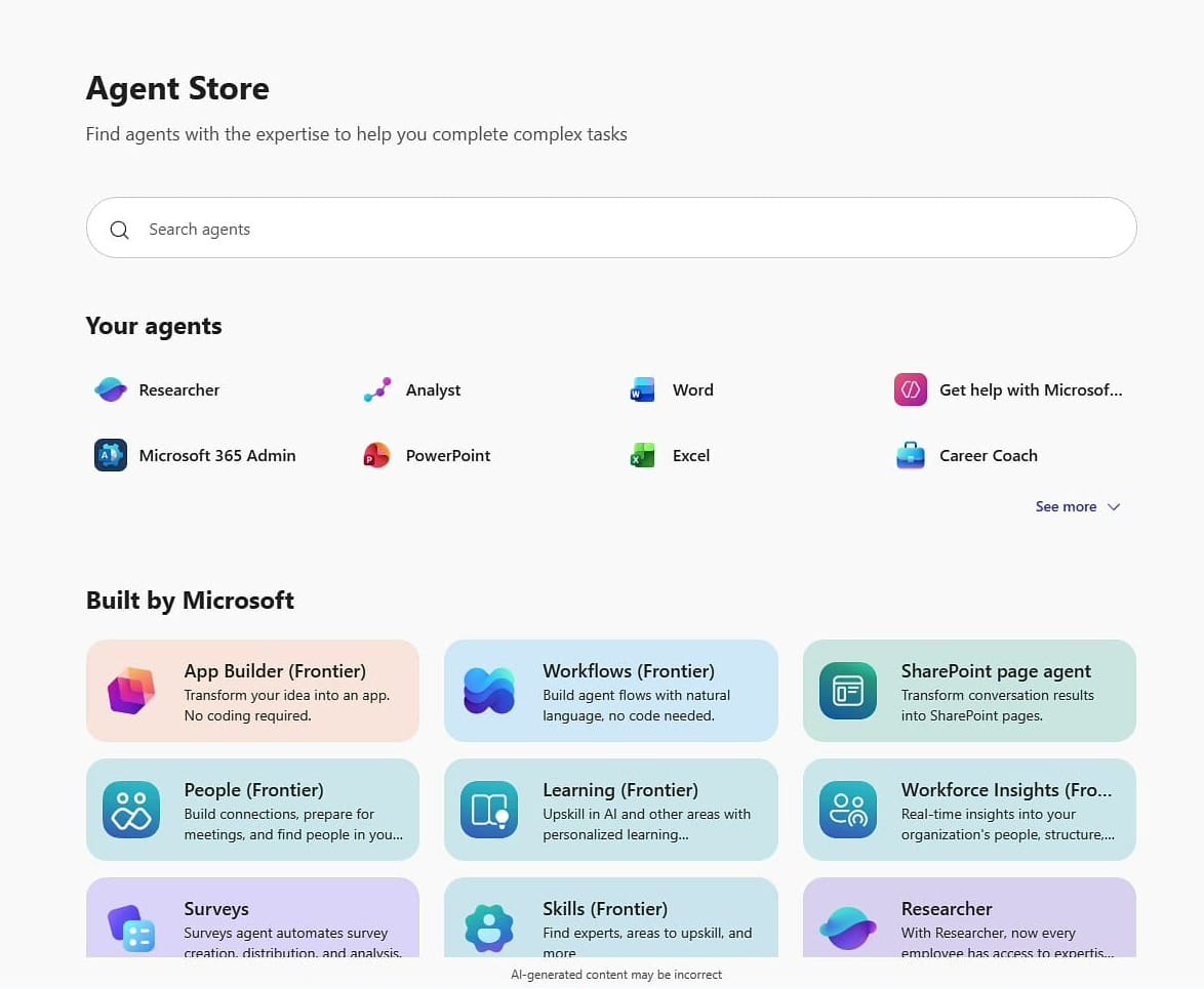 Copilot Agent Store showing Word, PowerPoint, Excel, Researcher, Analyst, and other available agents