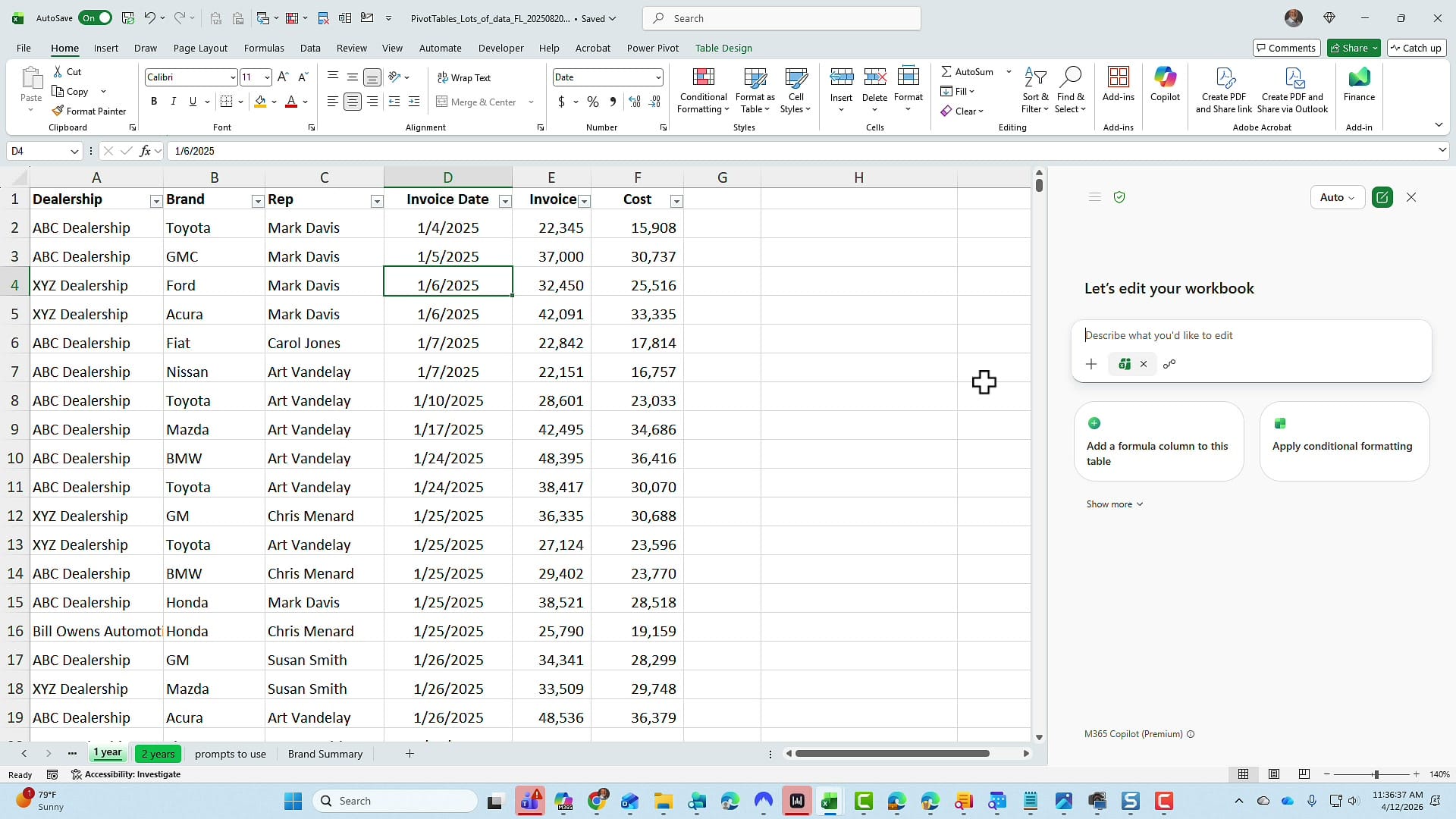 Excel with the Copilot panel showing a new chat with the detailed prompt requesting totals, averages, median, second highest, second lowest, and third highest by car brand