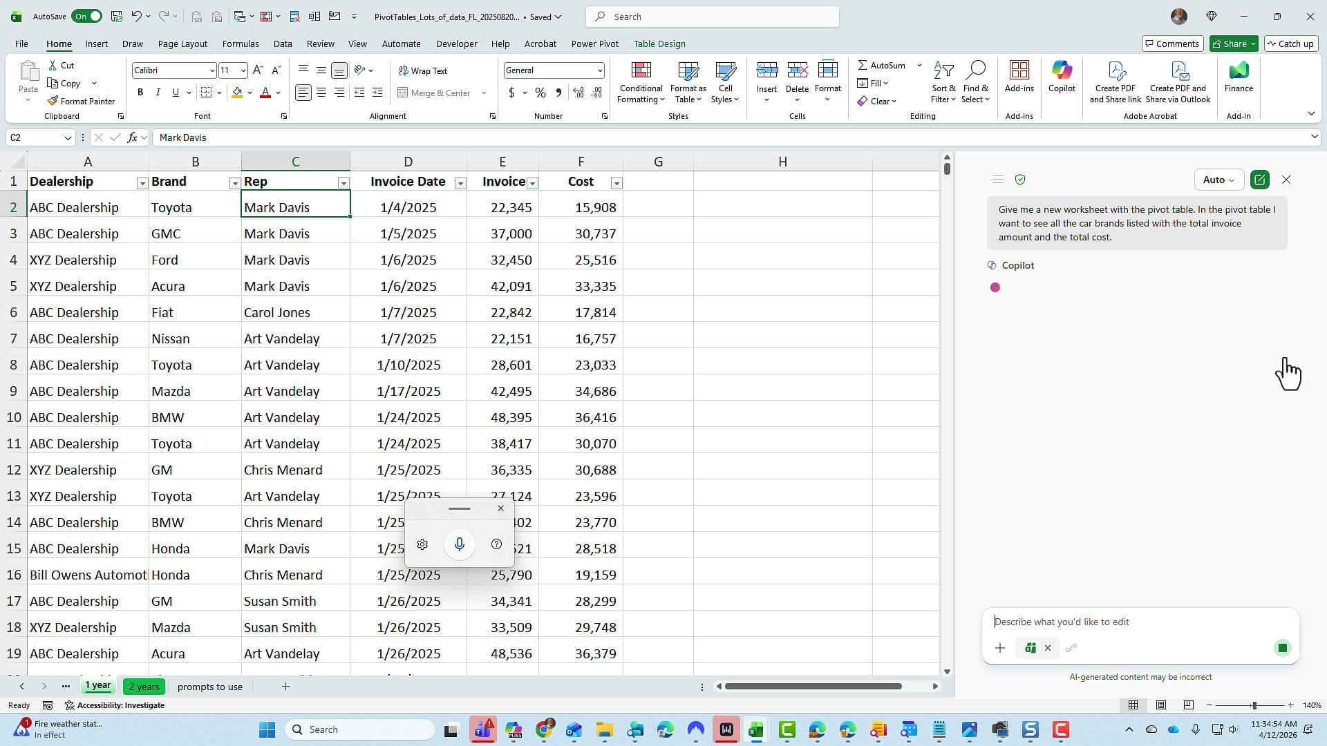 Excel Copilot showing the prompt to create a PivotTable with car brands, total invoice amounts, and total costs