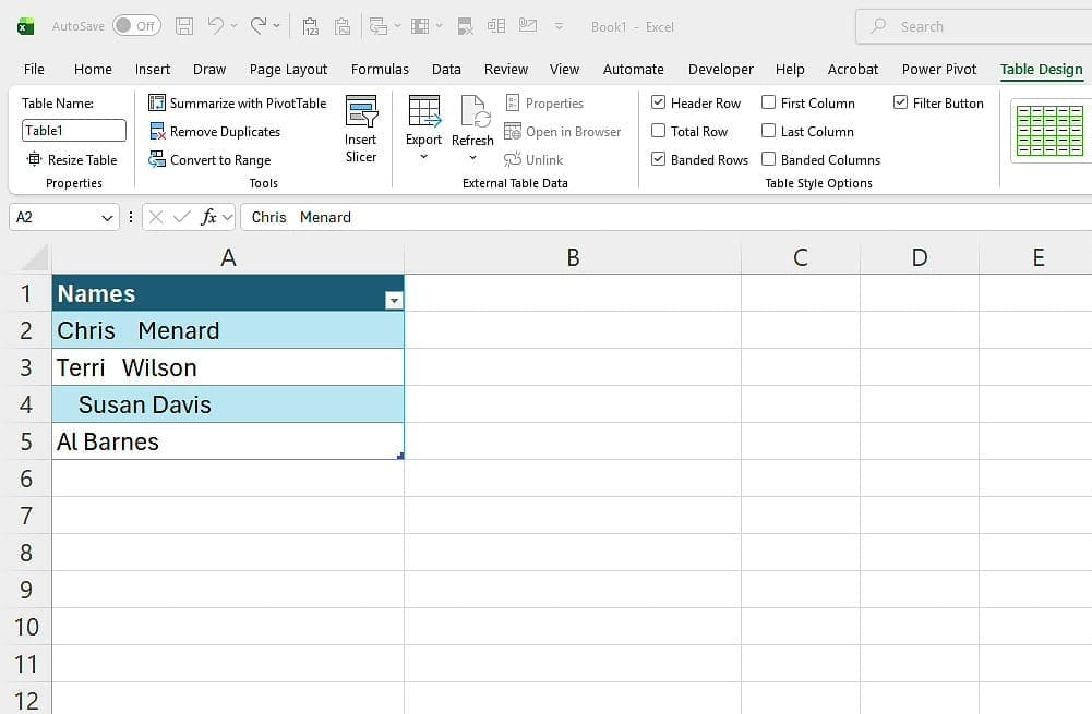 Excel table named Names with four entries containing extra spaces: Chris  Menard with double space, Terri  Wilson, leading-space Susan Davis, and Al Barnes with trailing spaces