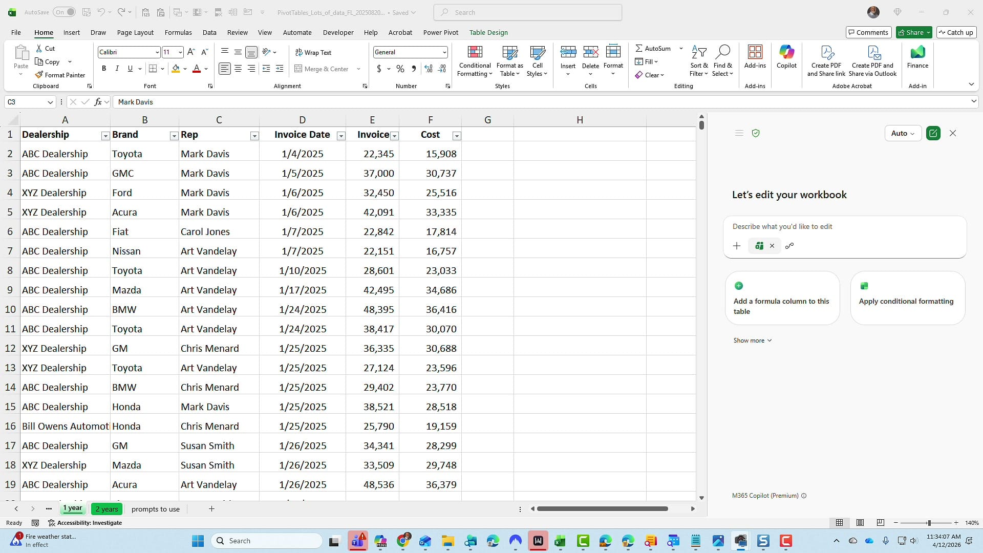 Excel spreadsheet showing car dealership data with columns for Dealership, Brand, Rep, Invoice Date, Invoice amount, and Cost, with the Edit with Copilot panel open on the right