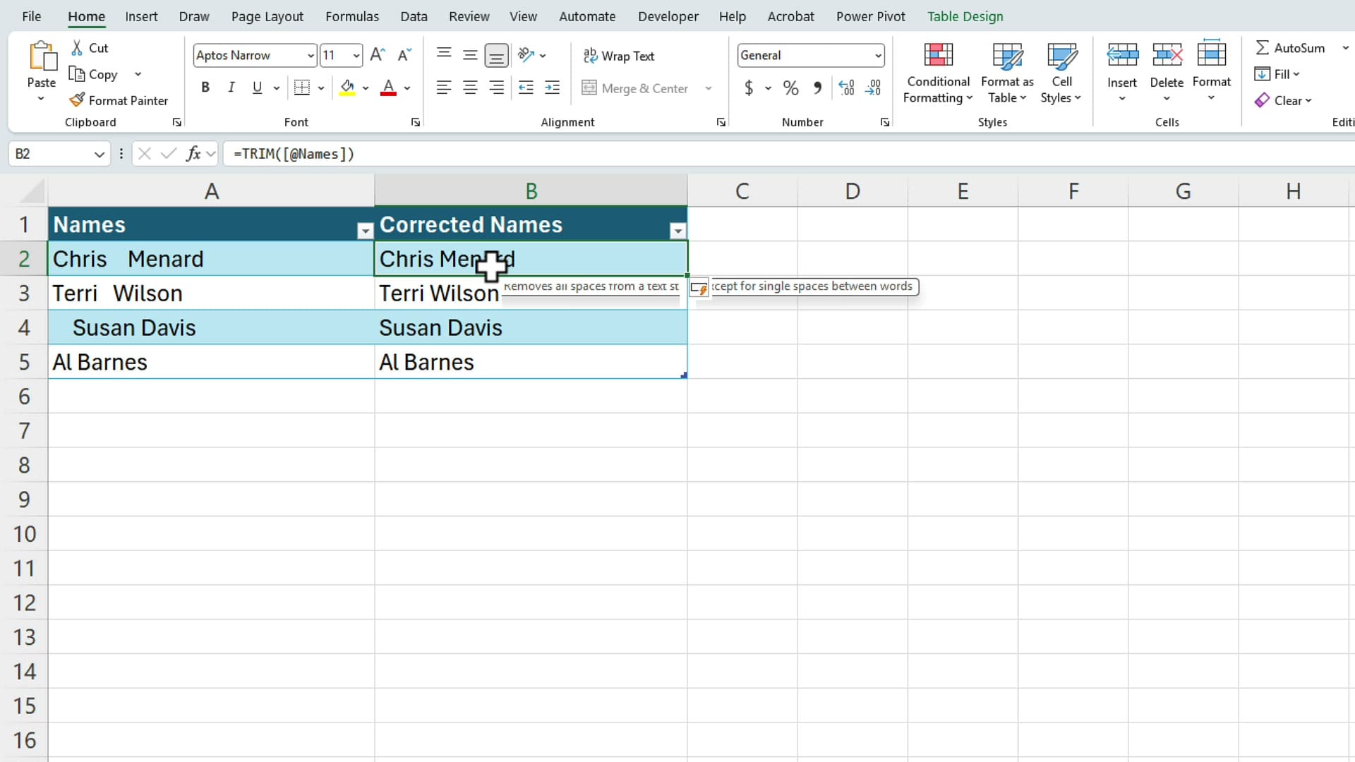 Excel showing the TRIM function in formula bar referencing the Names column with cleaned Corrected Names output and a tooltip describing TRIM behavior