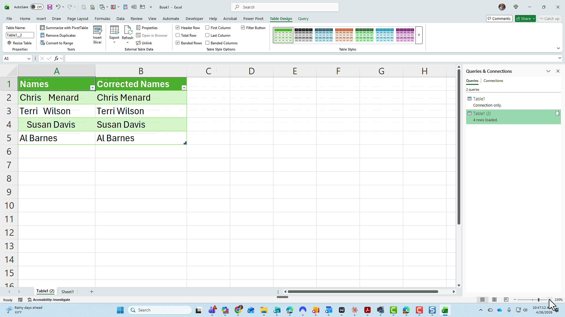 Excel sheet showing the Names column alongside the Corrected Names column with all extra spaces removed: Chris Menard, Terri Wilson, Susan Davis, Al Barnes