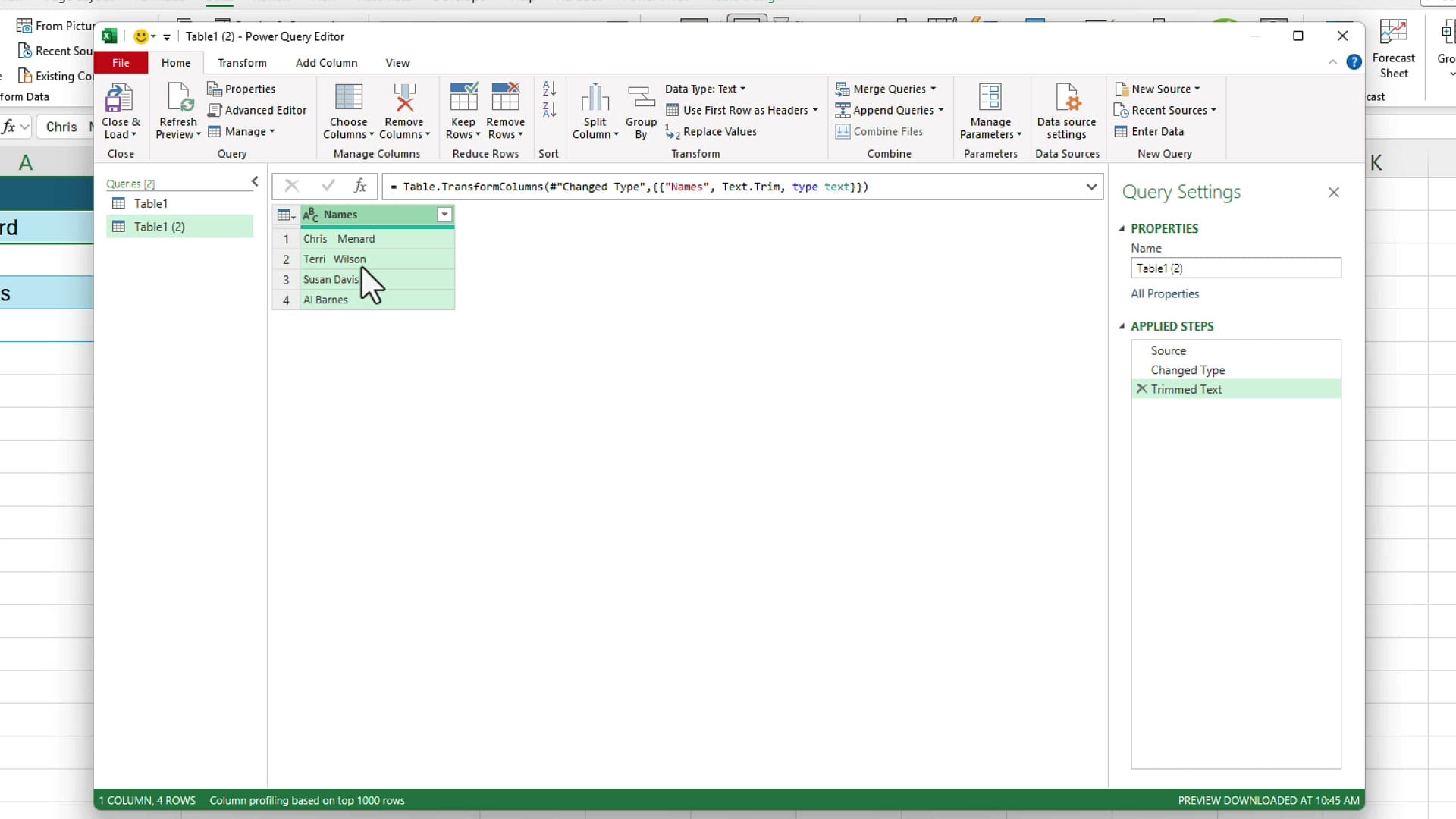 Power Query Editor showing the Names column after applying Trim - leading and trailing spaces are removed but the double space between Chris and Menard remains