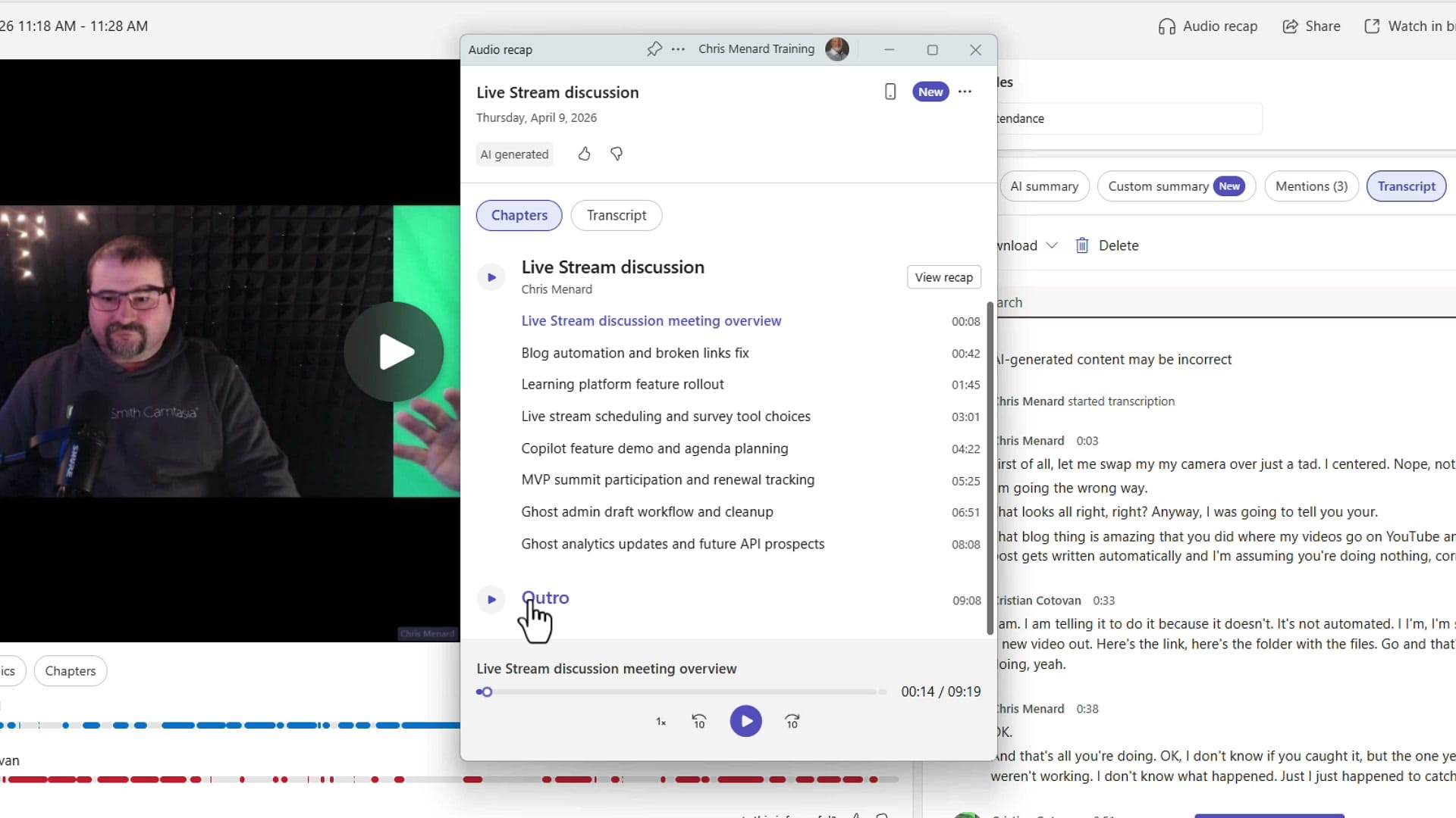Teams Audio recap dialog with New badge showing chapter list including intro, Live Stream meeting overview, Blog automation, Learning platform, Copilot feature demo, and Outro with individual timestamps