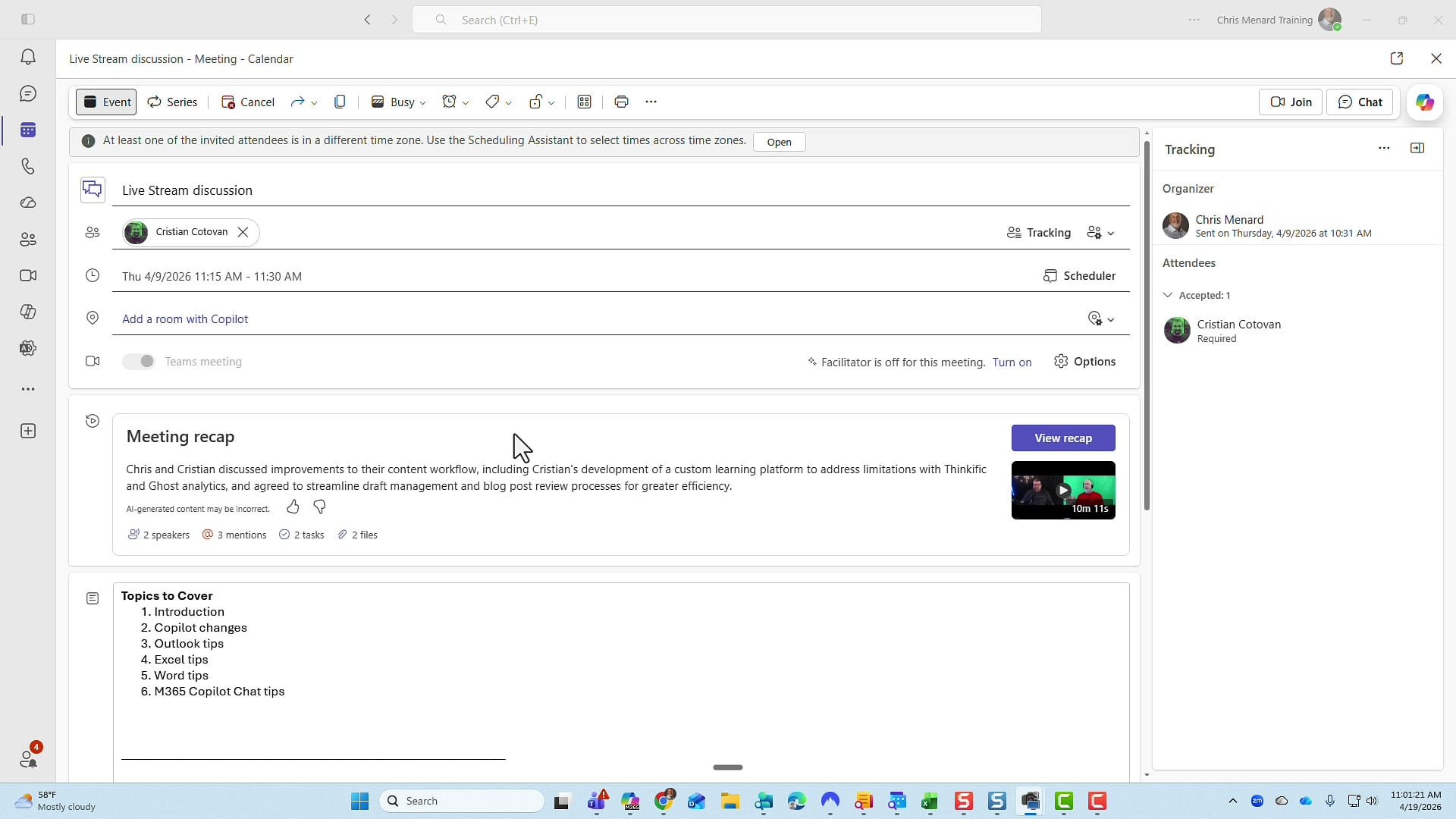 Microsoft Teams calendar event showing a Meeting recap card with 2 speakers, 3 mentions, 2 tasks, 2 files, and a View recap button