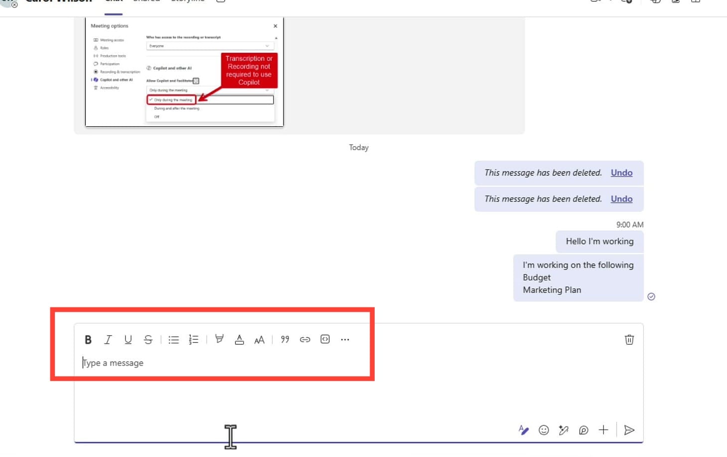 Teams chat showing the expanded formatting toolbar with bold, italic, underline, strikethrough, and other formatting options