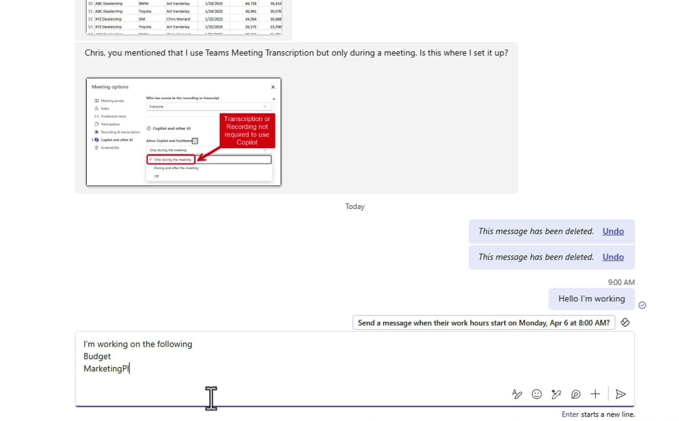 Teams chat compose box showing a multi-line message with Enter starts a new line indicator at the bottom