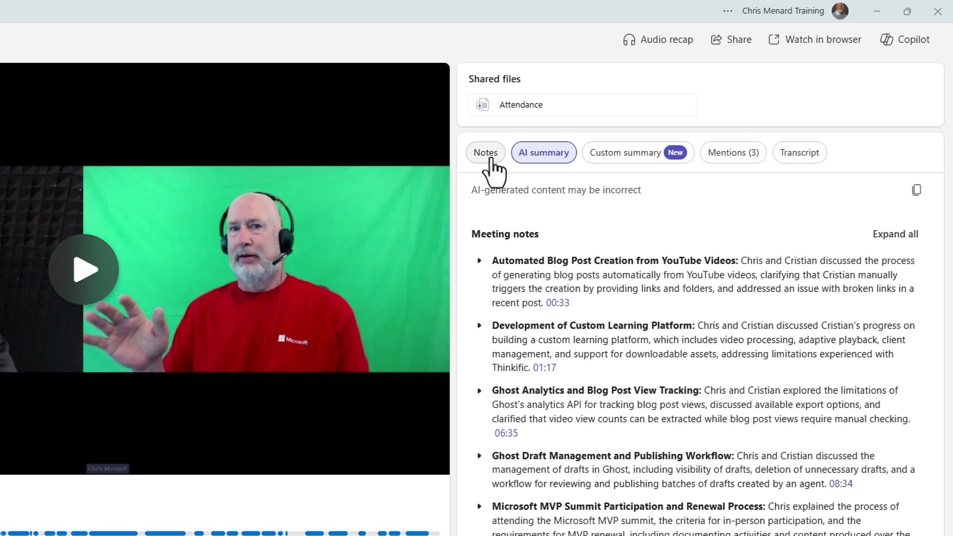 Teams meeting recap AI summary tab showing topic-based meeting notes with clickable timestamps that jump to specific points in the recording