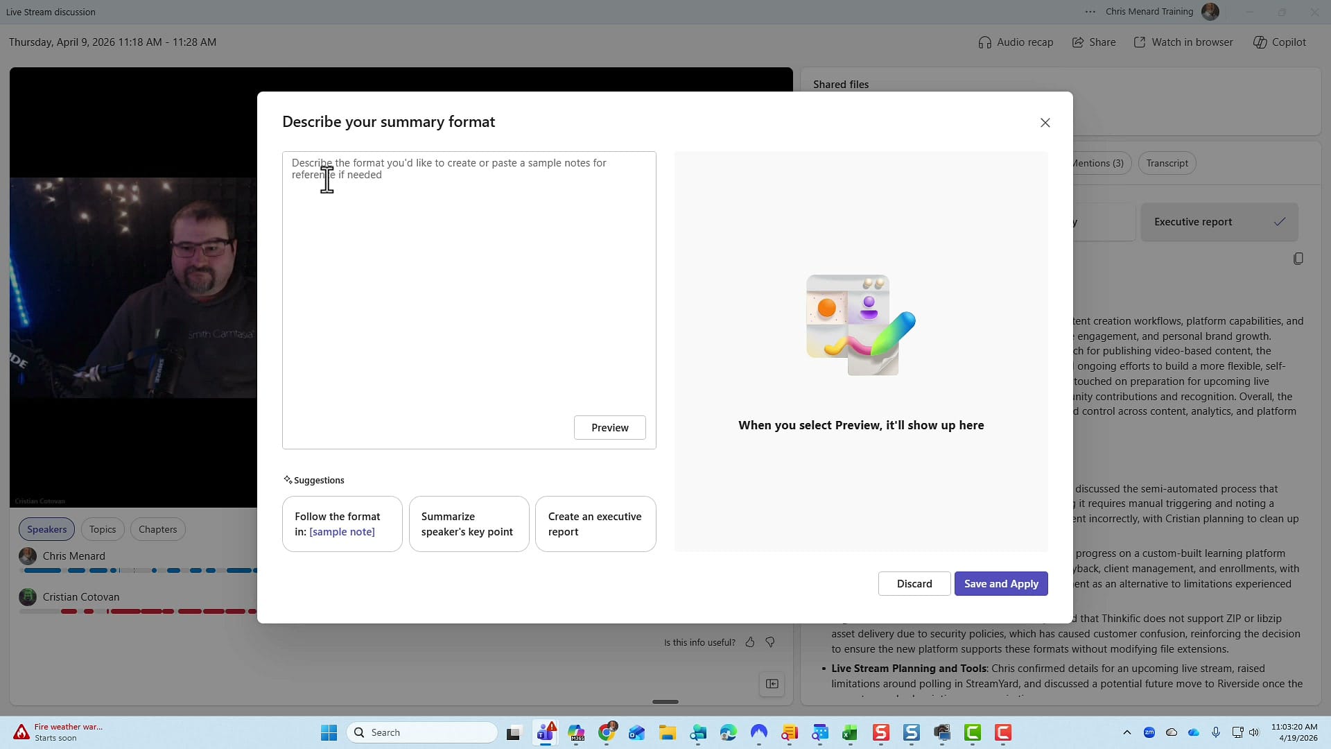 Teams Describe your summary format dialog with a text field for custom format description, Preview button, and suggestions including Follow the format in sample note, Summarize speakers key points, and Create an executive report