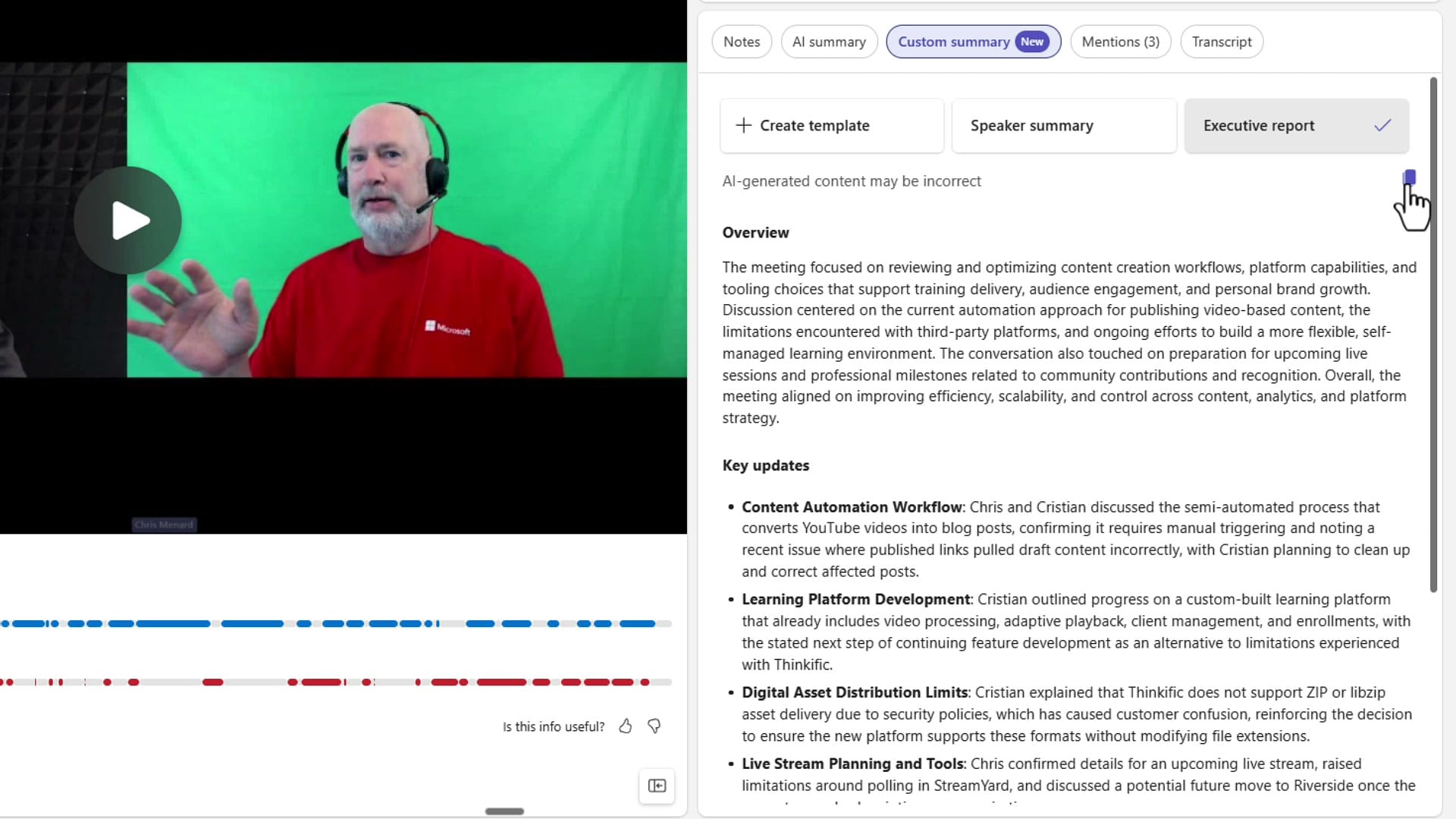 Teams Custom summary tab with Executive report selected showing an Overview paragraph followed by Key updates bullets covering Content Automation, Learning Platform, Digital Assets, and Live Streaming