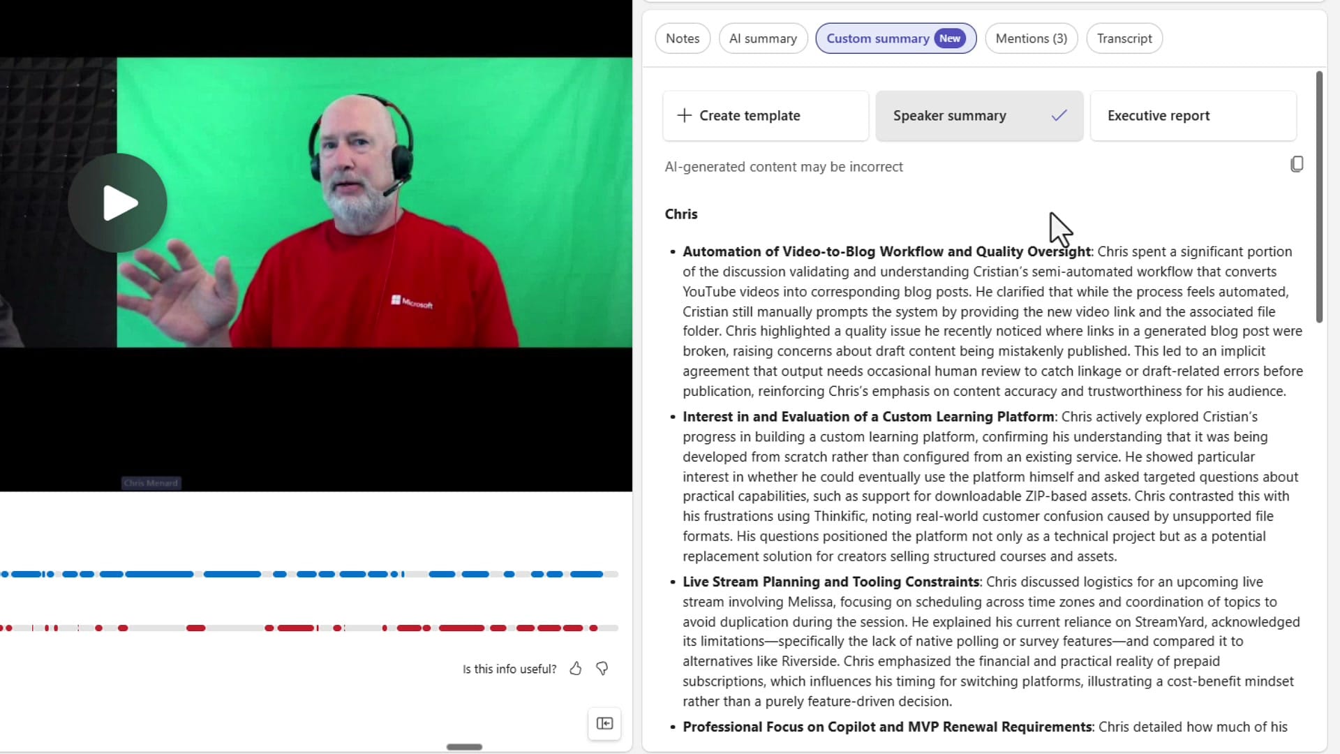Teams Speaker summary scrolled down showing detailed bulleted breakdown of specific talking points for an individual speaker