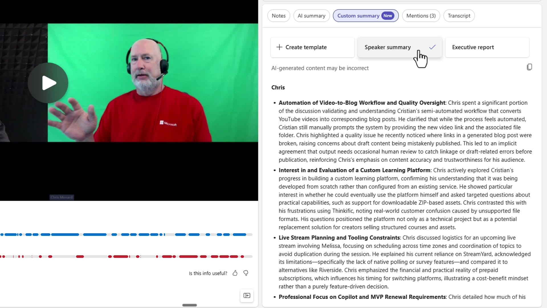 Teams Custom summary tab with Speaker summary selected showing a summary of what Chris specifically said in the meeting