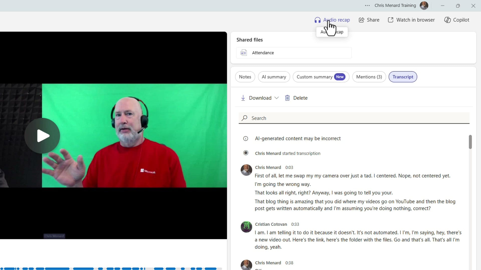 Teams meeting recap Transcript tab showing speaker-labeled timestamps with Download, Delete, and Search controls