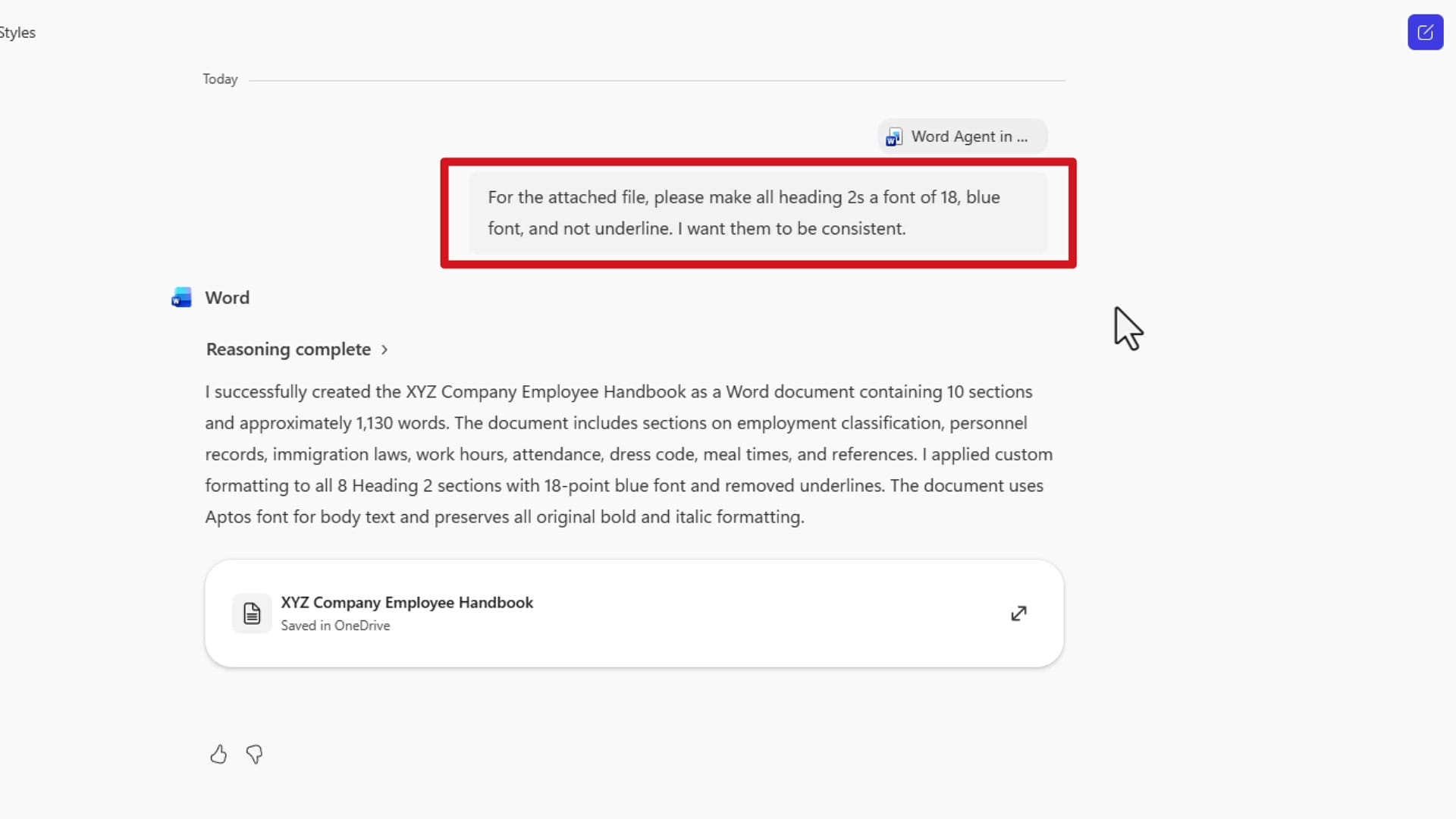 Word Agent Mode showing the prompt to fix Heading 2 styles with reasoning complete and output document saved to OneDrive