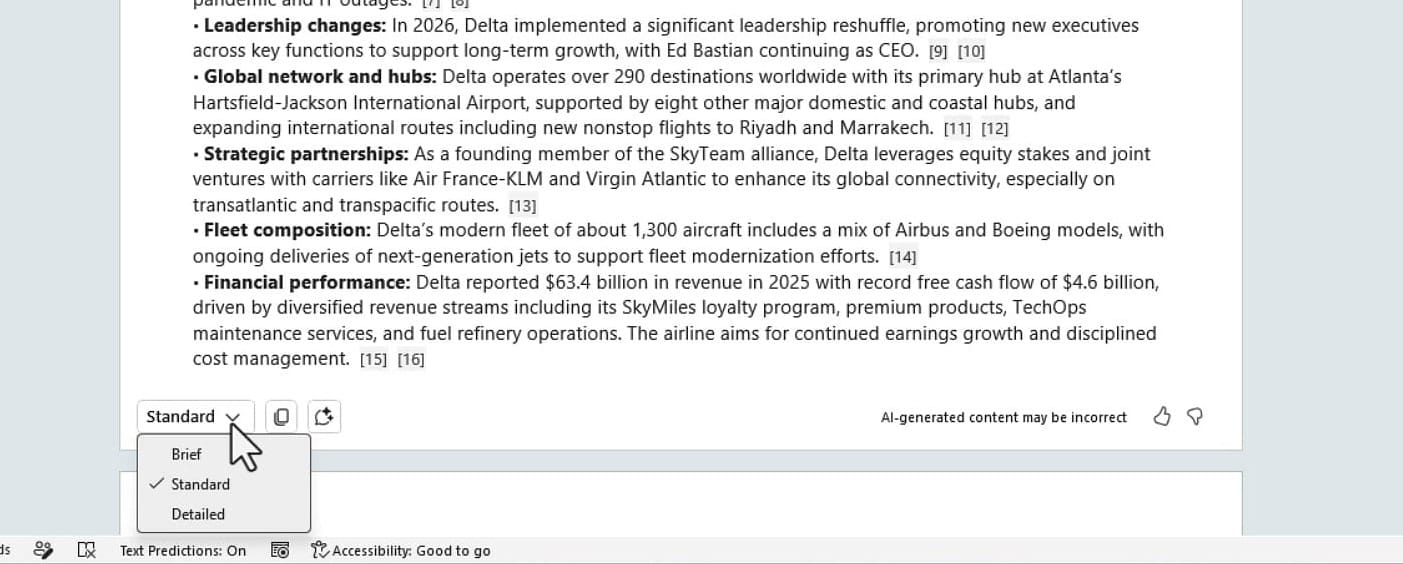 Microsoft Word Desktop expanded summary showing bullet points with citations and a dropdown for Brief, Standard, and Detailed summary lengths