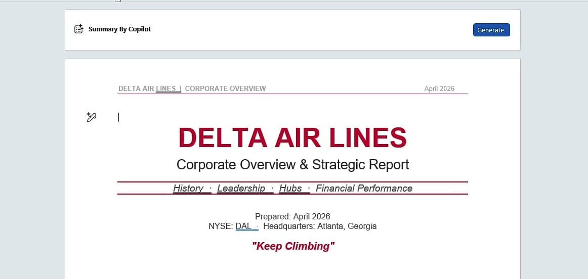 Microsoft Word Desktop showing a Summary by Copilot banner with a Generate button on a locally opened document