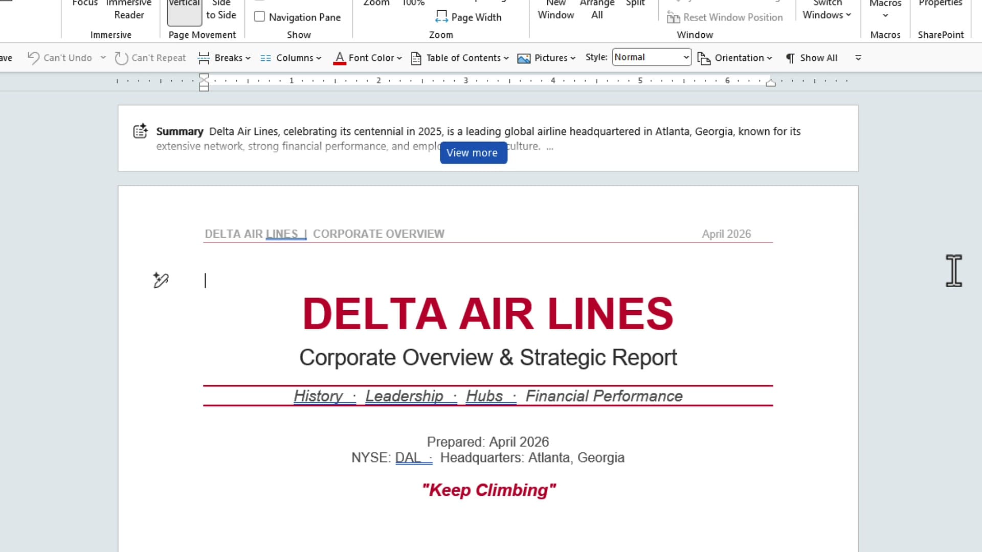Microsoft Word Desktop showing a two-line Summary banner at the top of a cloud-stored document with a View more button
