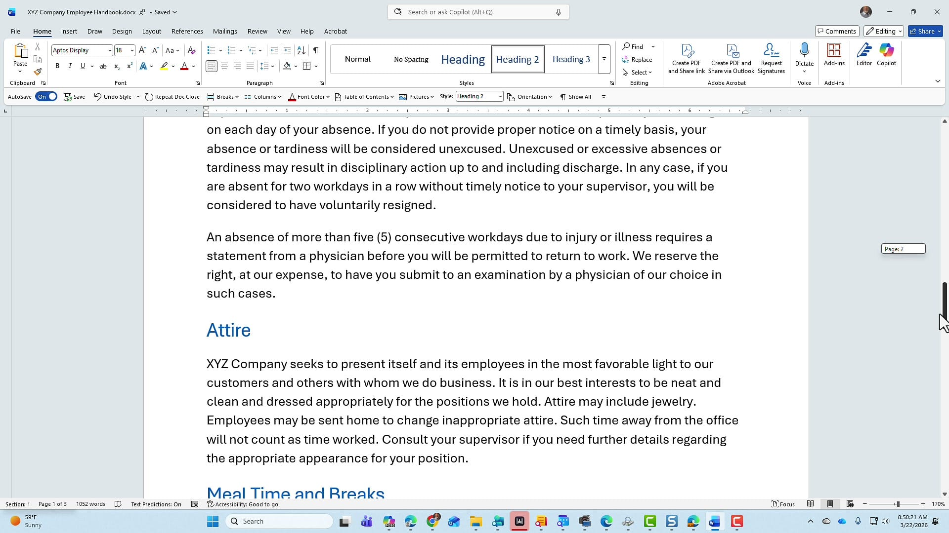 Word document showing Attire and Meal Time and Breaks headings both formatted consistently in blue