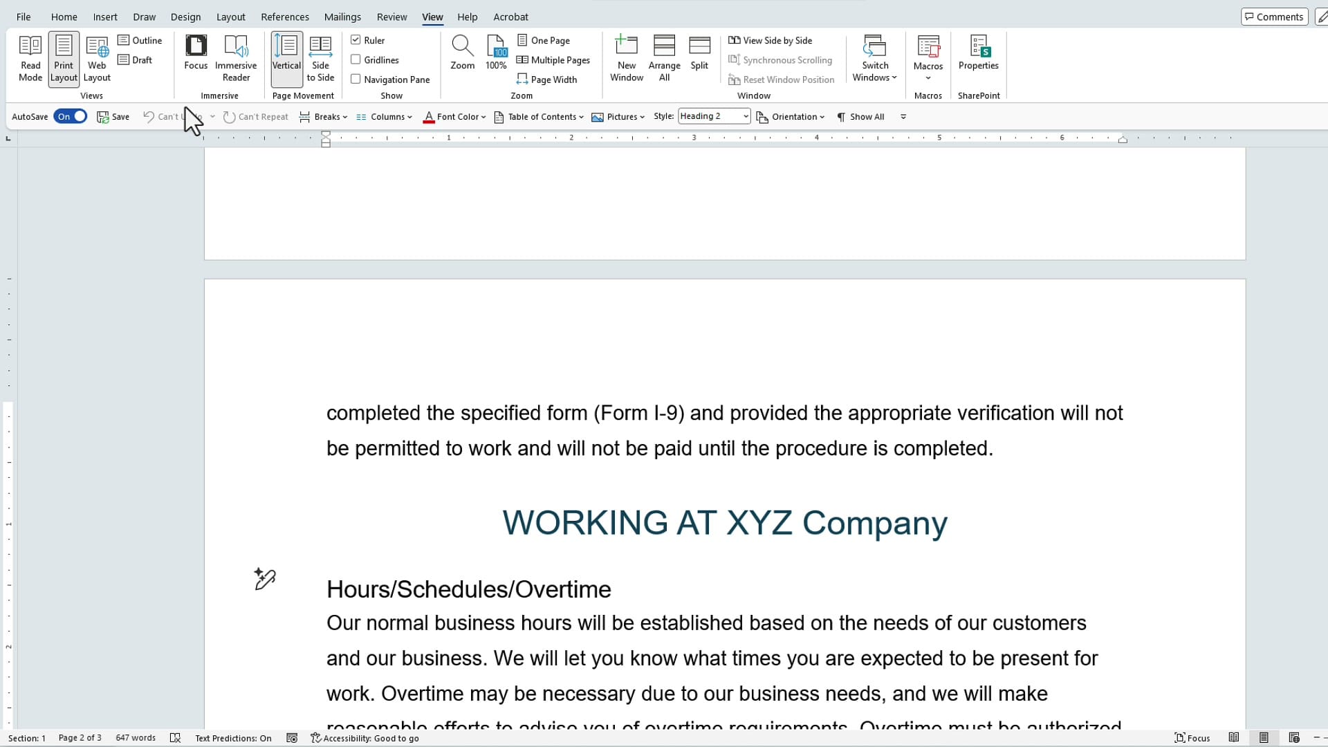 Word document showing Hours Schedules and Overtime as a Heading 2 without underline, inconsistent with other Heading 2s