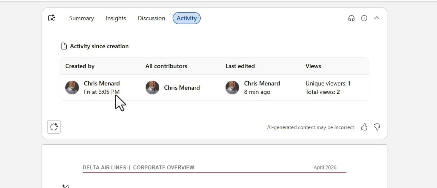 Word for the Web Activity tab showing Created by, All contributors, Last edited, and Views statistics with profile photos