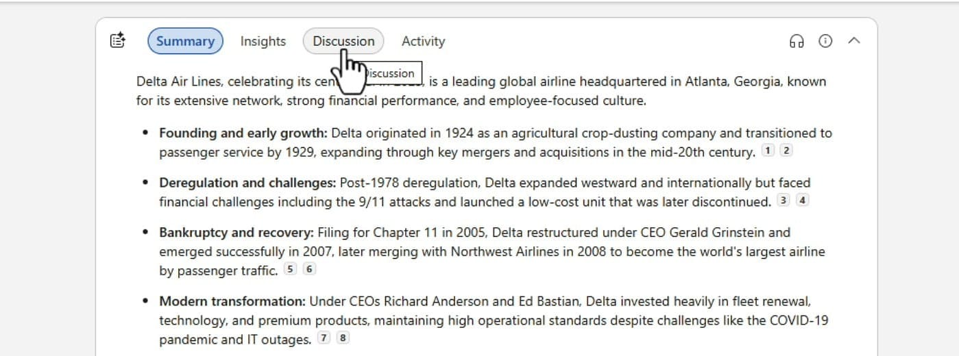 Word for the Web Discussion tab showing a summarized comment thread requesting additional details about Atlanta