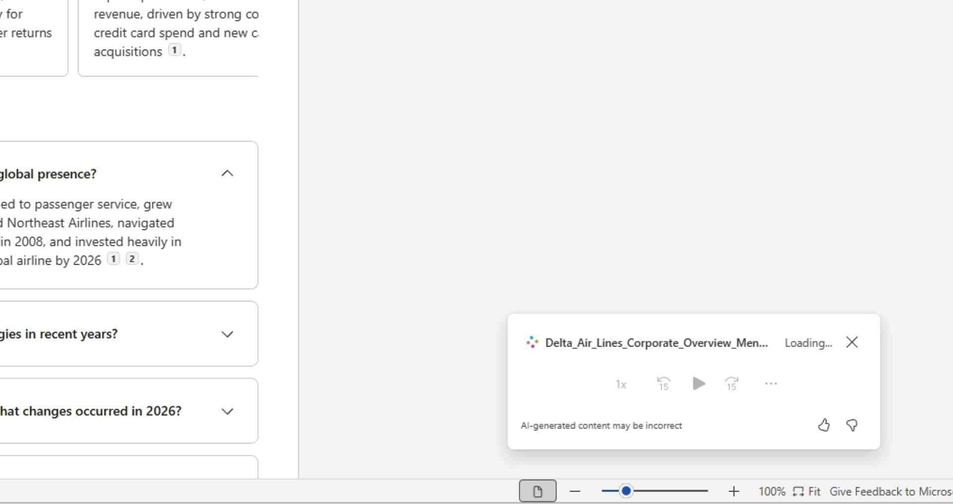 Word for the Web showing the podcast-style recording player loading in the bottom right corner with the document visible behind it