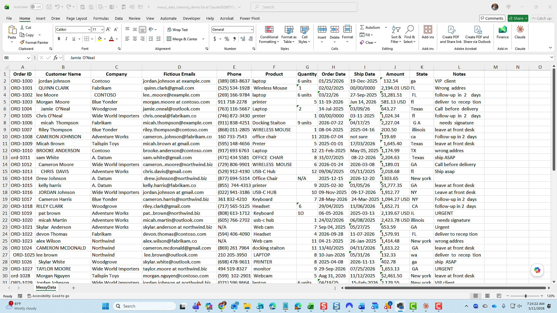 The messy Excel spreadsheet with inconsistent order IDs, customer names, and amounts