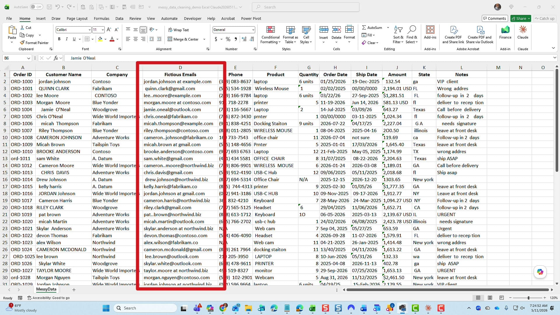 Close-up of the Fictious Emails column showing lee..moore@example.com with two periods