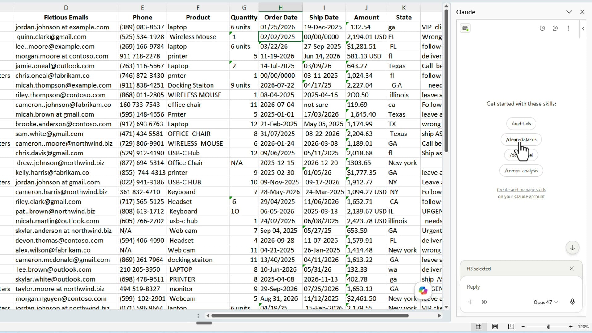 The Claude pane in Excel showing the Clean Data XLSX skill