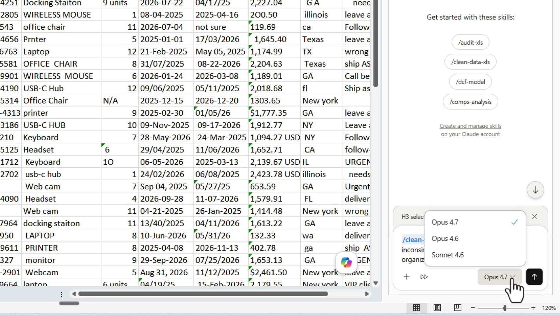 Claude model picker showing Opus 4.7, Opus 4.6, and Sonnet 4.6