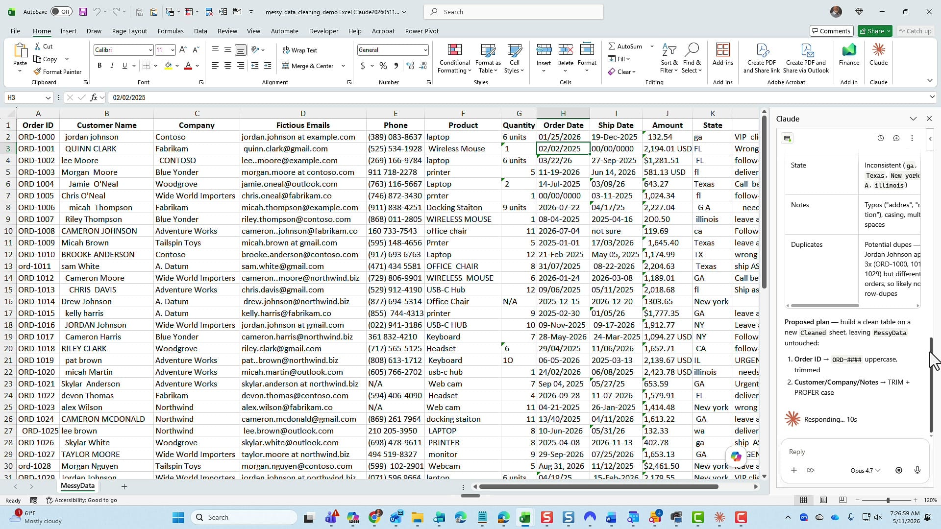 Claude's proposed cleanup plan listed column by column in the right pane