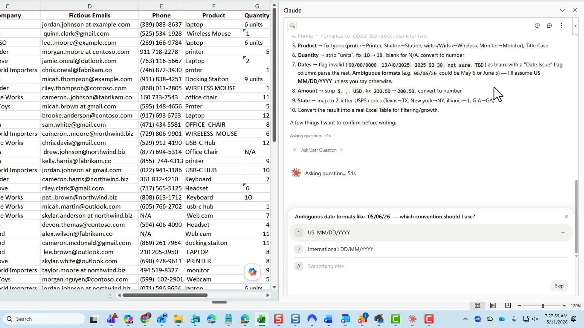 Claude asking whether dates should be parsed as US MM/DD/YYYY or International DD/MM/YYYY