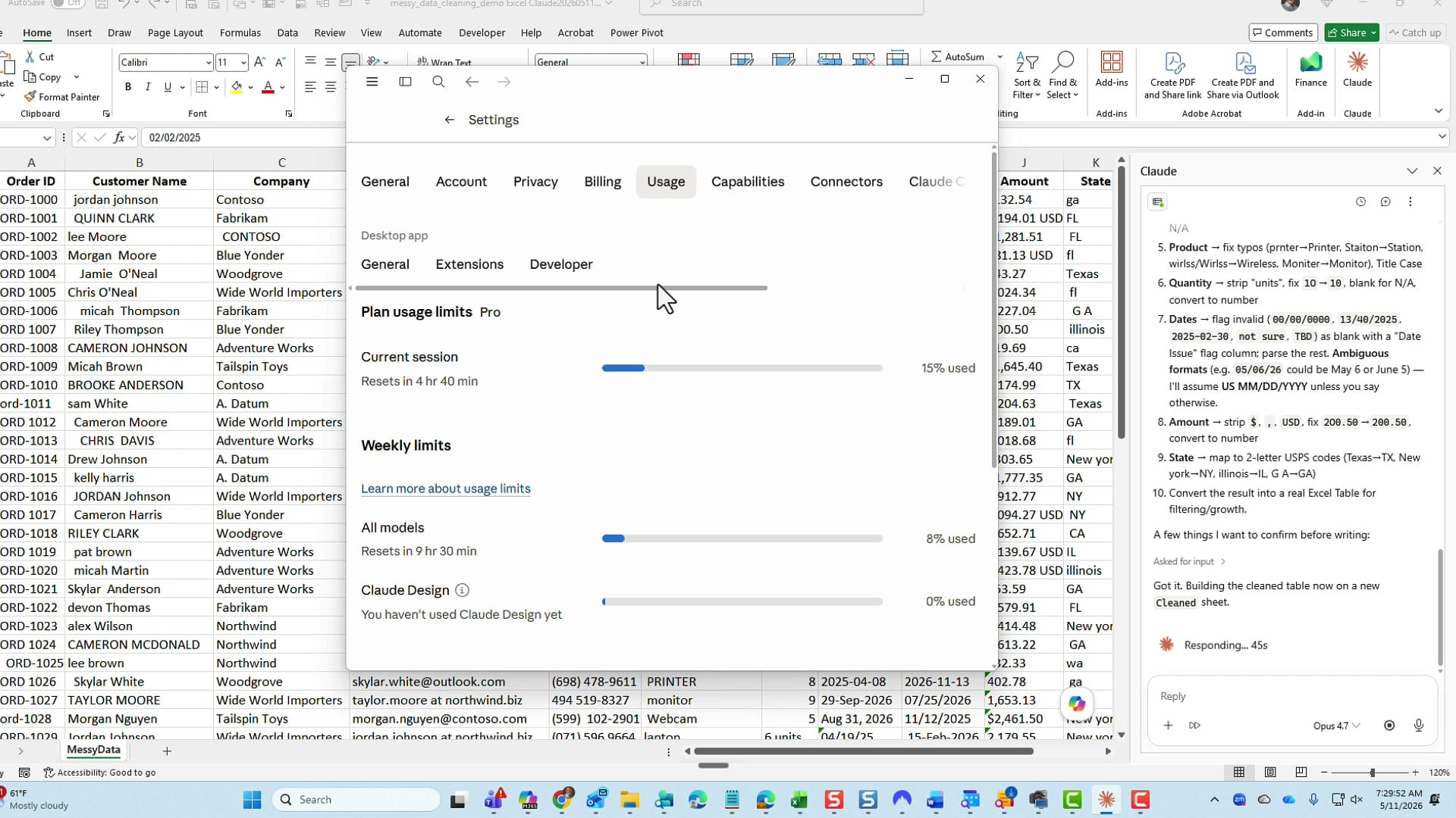 Claude settings panel showing Plan usage limits with the current session at 15 percent used