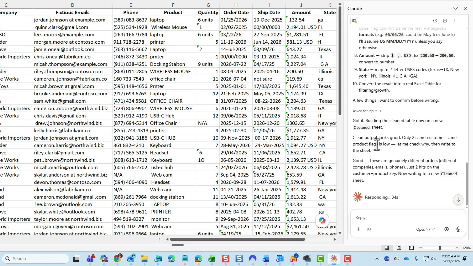 Claude reporting that the two flagged rows are genuinely different orders, not duplicates