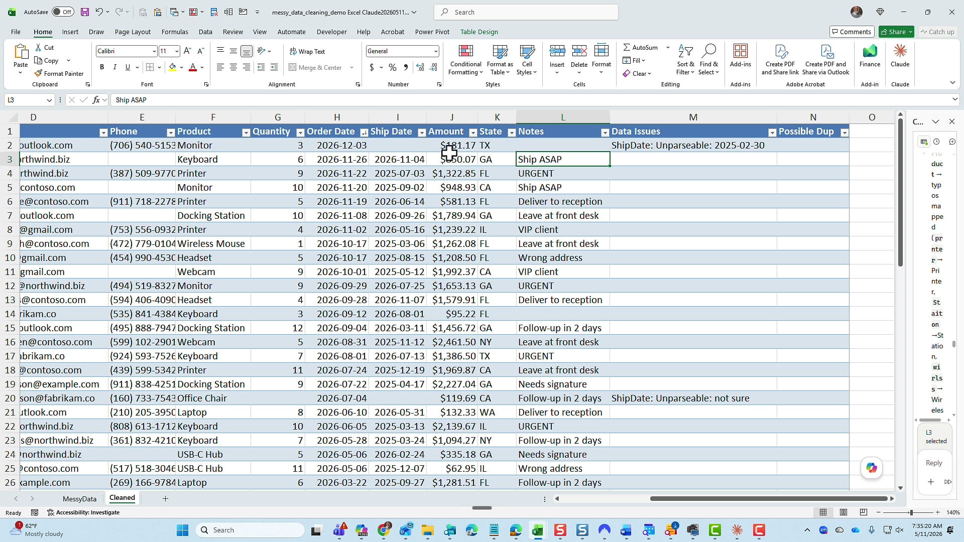 The cleaned sheet showing a Data Issues column added by Claude, flagging ShipDate problems and possible duplicates