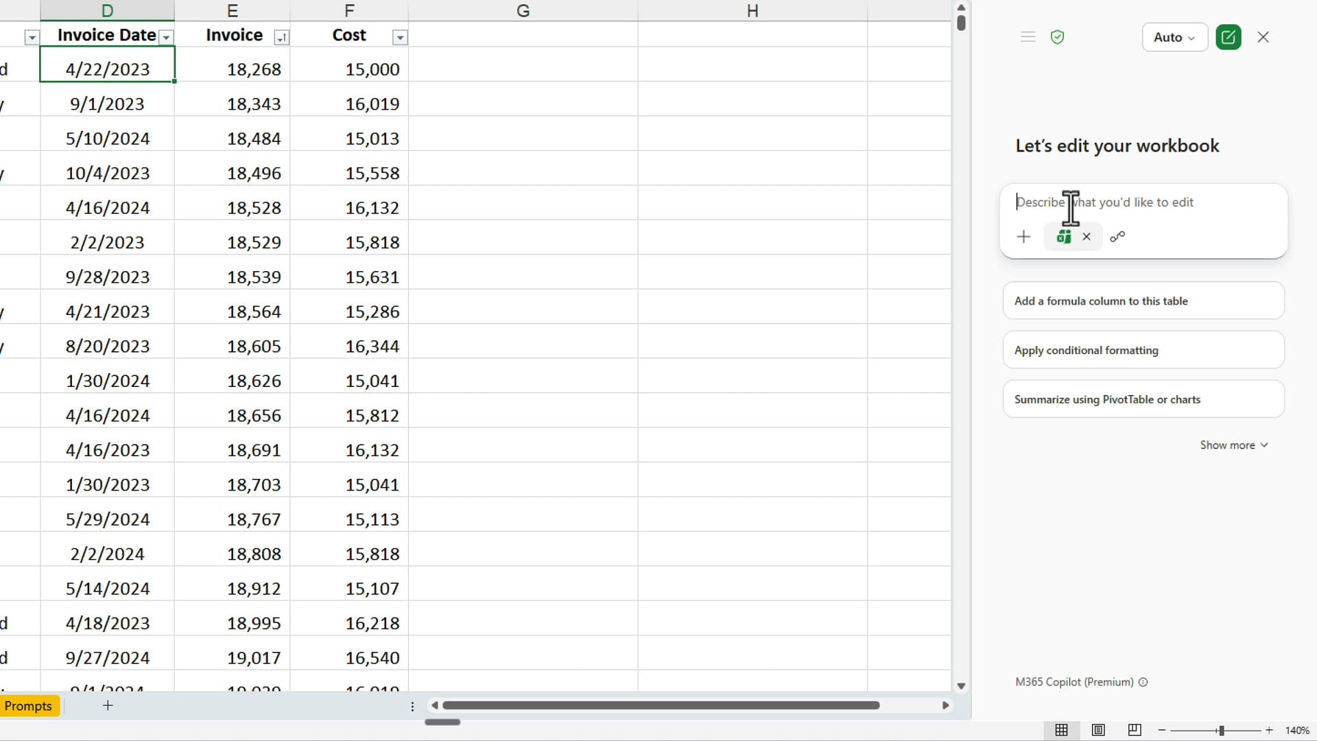 Edit with Copilot panel open in Excel showing Let's edit your workbook prompt